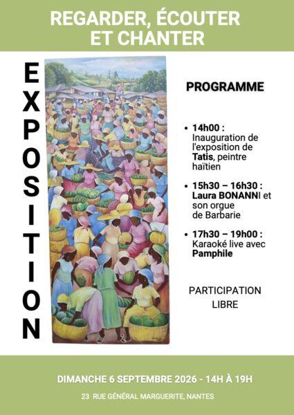 Affiche de l'exposition: regarder, écouter et chanter, avec une peinture de Tatis